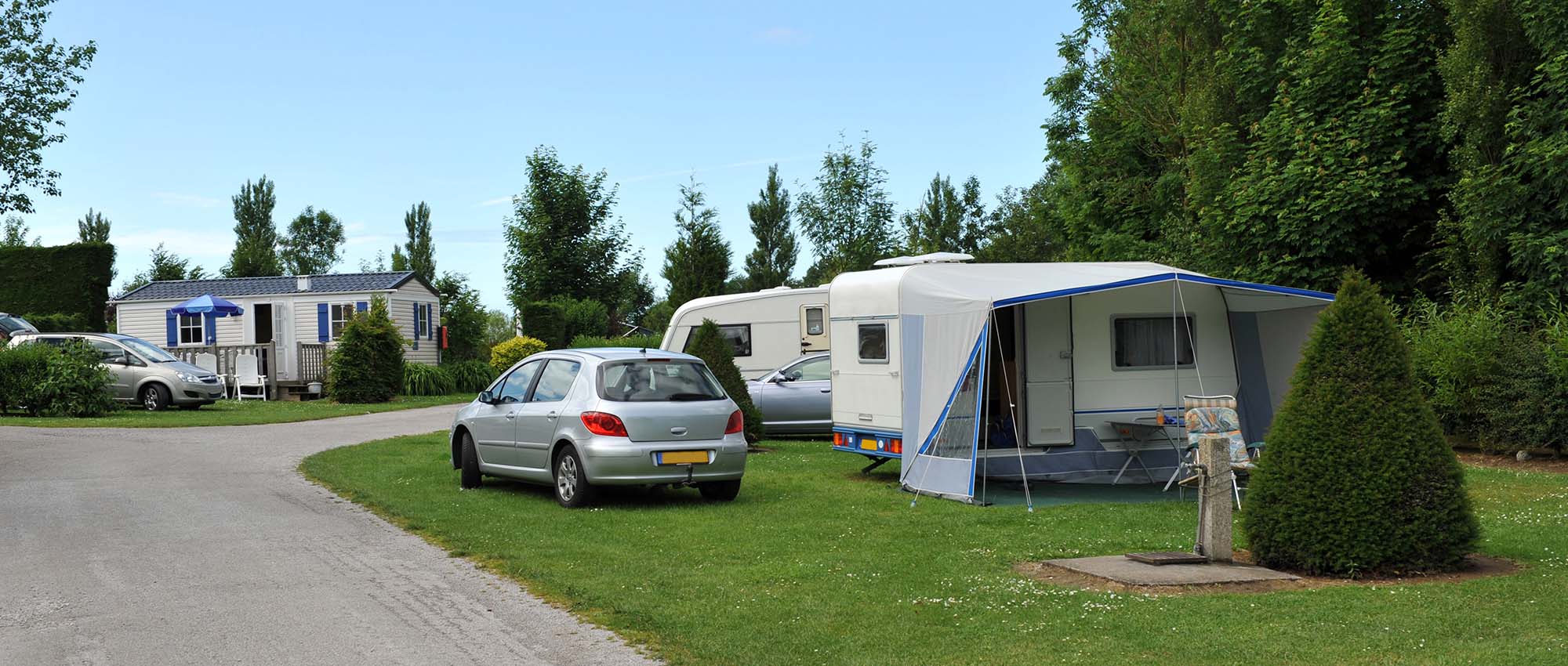 Camping and caravanning on a wooded caravan park