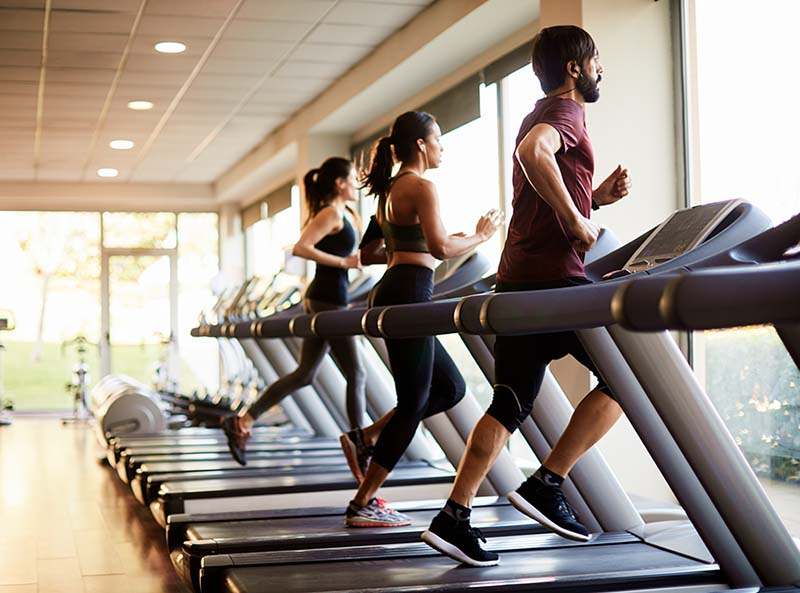 View of a row of treadmills in a gym with people.